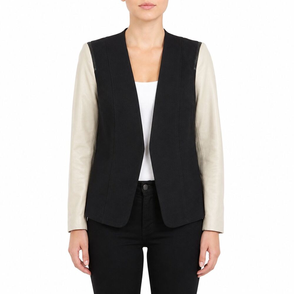 Theory Blazer Pryor Yaisa Ponti Jacket Sz S Black w Ivory Leather Zipper Arms
